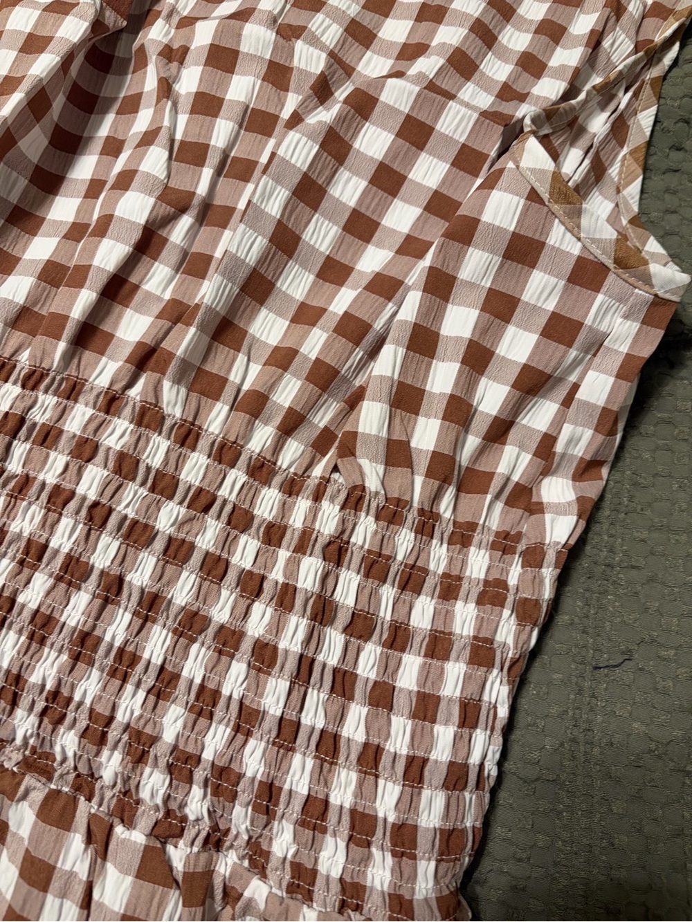 Tie-Shoulder Smocked Midi Dress in Beige Gingham - Picture 3 of 7